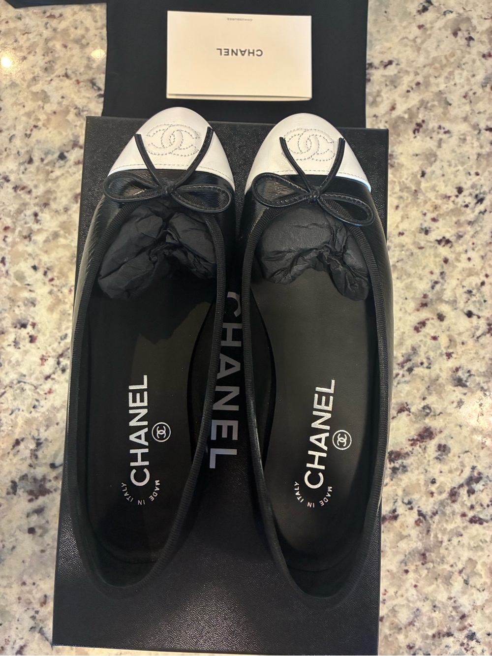 CHANEL Black Leather Ballet Flats with White Cap Toe and Bow - Picture 4 of 10
